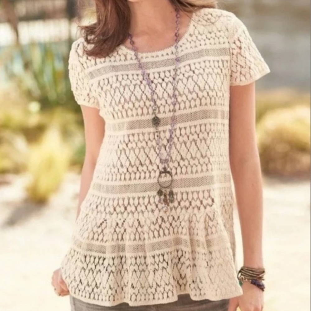 Sundance Cream Cotton Lace Crochet Peplum Knit Top Size Large